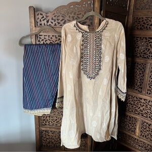 Almirah Pakistani 3 piece- Beige Embroidered Kurta Set with Navy Striped Pants